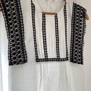 Beautiful White Blouse with Black Lace Accents Cotton